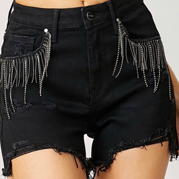 Rockin’ Rhinestones High Rise Distressed Denim Risen Shorts - Picture 2 of 3